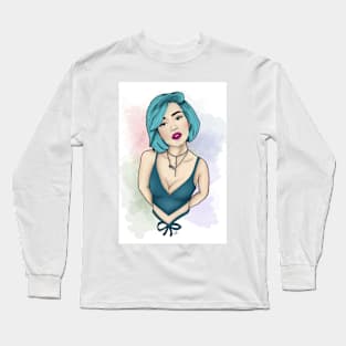 Bold Elegance: Blue-Haired Beauty Long Sleeve T-Shirt